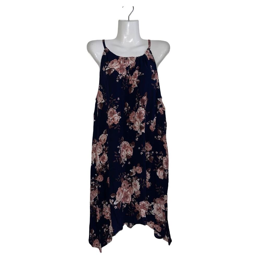 Maurices Navy Blue Pink Floral Halter Neck Mini Dress Xl Pockets Hanky Hemline